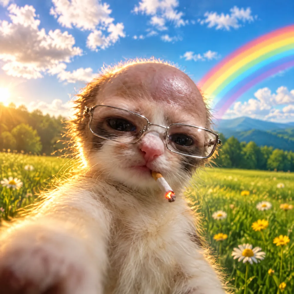 Unc Kitty taking a selfie in a meadow with a cigarette and crooked glasses